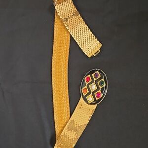 Vintage Gold Sequin Belt with Multicolor Gem Buckle